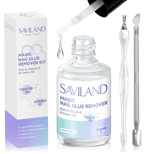 SAVILAND Nail Glue Remover for False Nails & Press On Nails Castor Oil & Vitamin E Formula Gentle Fake Nail Remover with Cuticle Pusher Nail Fork Tool Kit Nail Art Accessories