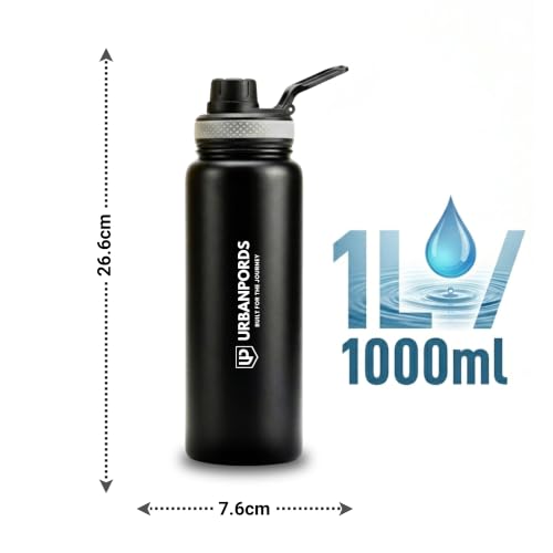 Image of 1L Stainless Steel Water Bottle - Leakproof Fridge Bottle, BPA-Free & Rust Proof Metal Flask, 1000ml Sipper Bottle for School, Office, Gym & Home (Black)