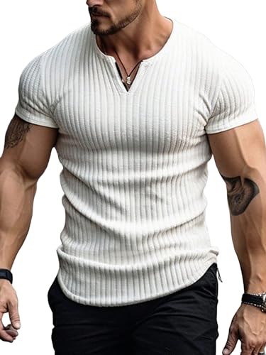 Men's Ribbed Knit Notched V Neck Tees Casual Short Sleeve T Shirt Summer Basic Tops