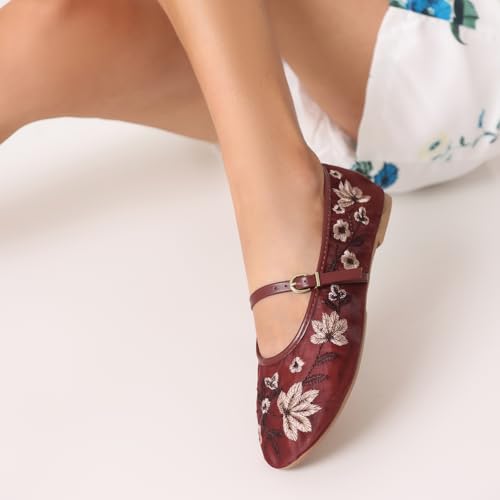 Image of MRKEWUNEY Mesh Ballet Flats for Women Embroidered Floral Round Toe Mary Jane