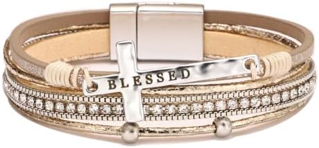 Kysin Chiys Religious Cross Engraved Blessed Leather Wrap Match Strand Bracelet for Women Multi-Layer Boho Beaded Cuff Bangle Bracelet Christian Jewelry - Khaki