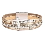 Kysin Chiys Religious Cross Engraved Blessed Leather Wrap Match Strand Bracelet for Women Multi-Layer Boho Beaded Cuff Bangle Bracelet Christian Jewelry - Khaki
