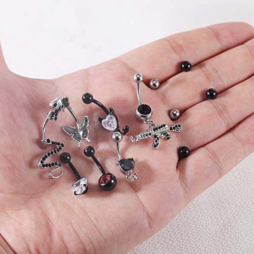 Bodyace 14G Belly Button Rings For Women, Surgical Steel Dangle Navel Ring Barbell, Shiny Cz Snake Evil Heart Belly Piercing Butterflies Body Jewelry (A:black,7Pcs+5Pcs Balls) #TOP5