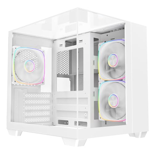 CiT Eclipse Mini mATX Gaming PC Case – Dual Chamber Design - Panoramic Tempered Glass - including 3 x 120mm ARGB Fans, 6-Port PWM Hub, AIO Support, USB 3.0, USB 2.0, HD Audio | White