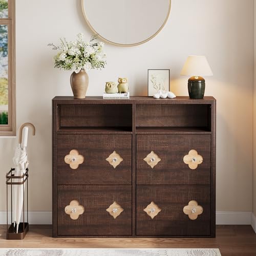 Image of GarveeHome Shoe Cabinet with 4 Flip Drawers, Narrow Wood Shoe Organizer Cabinet with Floral Pattern, Freestanding Slim Shoe Rack Cabinet with Adjustable Shelves & Open Storage, for Entryway, Brown