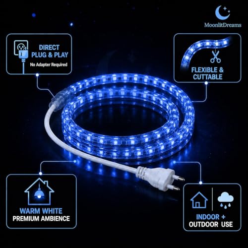 Image of MoonlitDreams 10M LED Rope Light | 120 LEDs /M Waterproof Strip Light | Blue Flexible Cove Light for False Ceiling, Balcony, Bedroom, Garden & Indoor Outdoor Decoration | Plug & Play Decorative Light