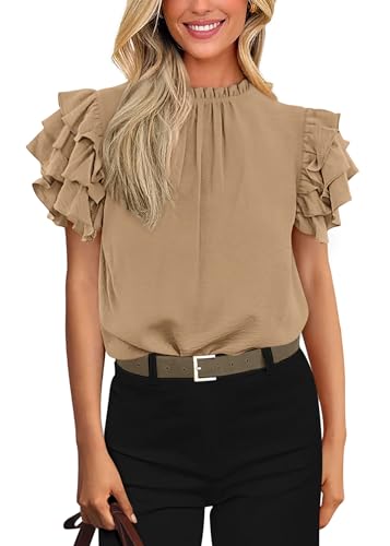 KIRUNDO Blouses for Women Dressy Casual 2026 Spring Summer Ruffle Short Sleeve Mock Neck Work Shirts Tops Fashion Clothing(Khaki, Small)
