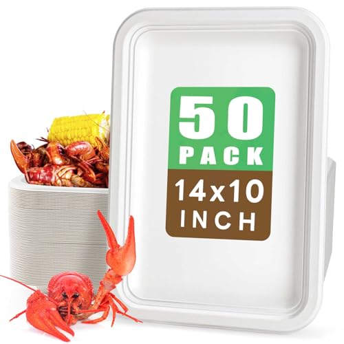 Gezond 50 Pack 14 Inch Disposable Food Trays Eco-friendly Heavy-Duty Large Paper Plates Compostable Sugarcane Platters for Crawfish BBQ Seafood Boil Party Supplies White