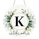 Monogram Letter K Wreaths for Front Door Wreath Wooden Welcome Sign for Front Door Decor Floral Family Last Name Initial House Warming Spring Summer Porch Rustic Wall Home Kitchen Boho Decorations