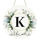 Monogram Letter K Wooden Welcome Sign for Front Door Decor Floral Family Last Name Initial House Warming Decor Spring Summer Wreath for Porch Rustic Wall Home Decor