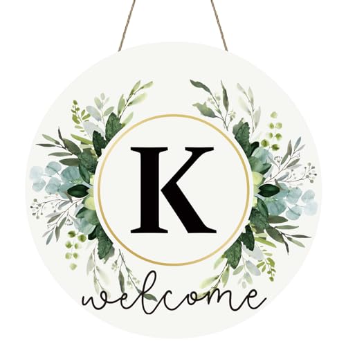 Monogram Letter K Wreaths for Front Door Wreath Wooden Welcome Sign for Front Door Decor Floral Family Last Name Initial House Warming Spring Summer Porch Rustic Wall Home Kitchen Boho Decorations