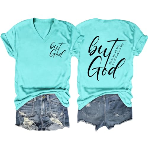 Christian Shirts for Women But God Letter Print Tshirts Religion Faith Graphic Tees Casual Short Sleeve V Neck Tops