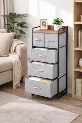 Image of Raawan 4 Layer 5 Drawer Fabric Storage Organizer with Wooden Top and Metal Frame, Modern Dresser Storage Unit for Bedroom, Living Room, Office, Kids Room & Closet, Grey (5 Drawer)