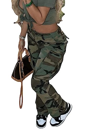 Vakkest Womens Camo Cargo Pants Casual Streetwear BF Outdoor High Waisted Baggy Jogger Workout Sweatpants