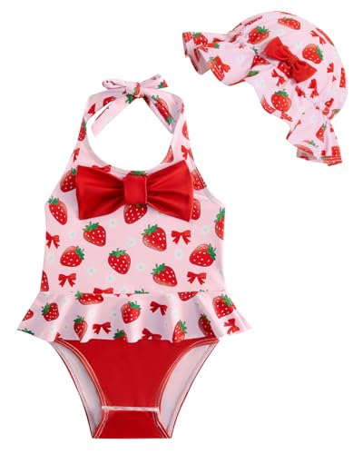 JiAmy Baby Badeanzug Mädchen mit Sonnenhut Einteiler Badebekleidung Kleinkind Schwimmanzug mit Rüschen & Schleife UV Kleidung Baby 12–18 Monate,Rote-Erdbeere