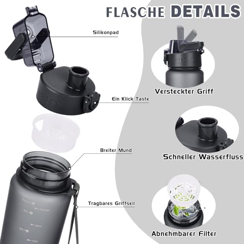 AOPREL Trinkflasche 1l, Trinkflasche Sport Tritan & BPA-Frei Wasserflasche Mit Filter und Bürste, Auslaufsicher Sportflasche Für Fitness, Wandern, Camping, Schule und Büro 2