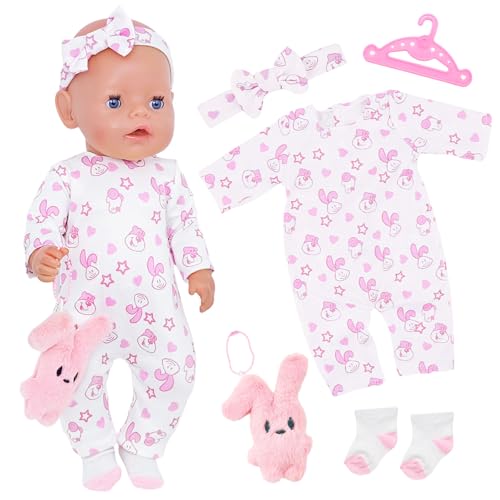 Lot de 5 vêtements de poupée pour poupées de 35 à 45 cm, vêtements de poupée lapin rose avec grenouillère, pyjama, chaussettes, bandeau pour poupée de...