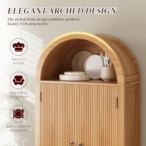 Image of FURSUN 71 inch Arched Storage Cabinet with Fluted Doors, Tall Wood Pantry Cabinet with Drawers & Adjustable Shelves, Modern Coffee Bar Cabinet, Natural Oak