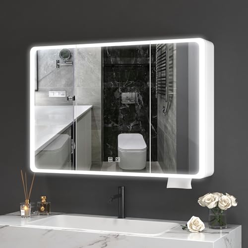 Bathroom Mirror Cabinet, LED Lighted Medicine Cabinet with Mirror, 3 Door LED Bathroom Wall Cabinet with Shelves, Dimmer and Anti-Fog, Aluminum Cabinet for Storage and Mordern Decor, White, 90x70cm