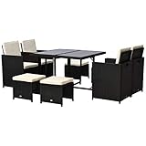 Outsunny 9 PCS Patio Dining Set Rattan Wicker Furniture Set w/Space Saving Chairs, Glass Top Table with Soft Cushion, Black