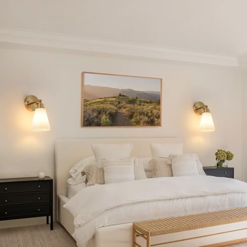 Image of MWZ Gold Wall Sconce Decor 2 Pack,Modern Brushed Brass Sconces Lighting with White Glass Shade,Bathroom Light Fixtures Over Mirror,Vanity Lights Over Sink,Indoor Wall Mount Adjustable Angle Lamp