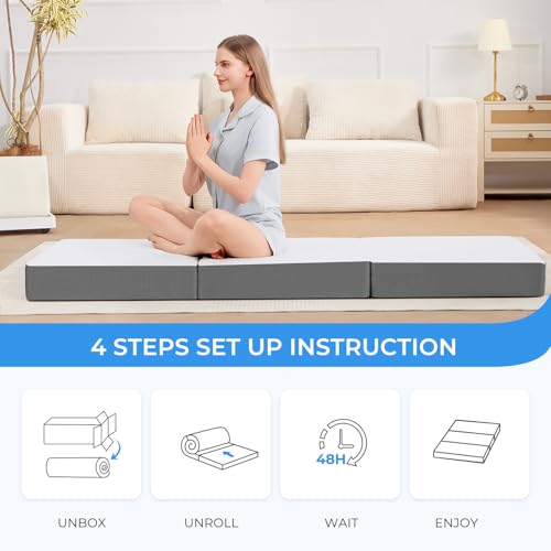 Image of MASVIS Trifold Mattress, 6 Inch Memory Foam Foldable Mattress with Washable Cover, Tri-Folding Floor Bed for Camping, Single