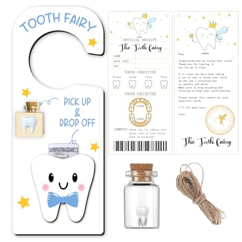 wuguimeii Cute Carved Wooden Box with 3D Tooth, 3Pcs Tooth Fairy Door Hanger With Recipe Cards and Keepsake Bottle, Gifts 3D Holder Box - Keepsake Gifts for Lost Teeth Boy Girl Milk Teeth(Blue)