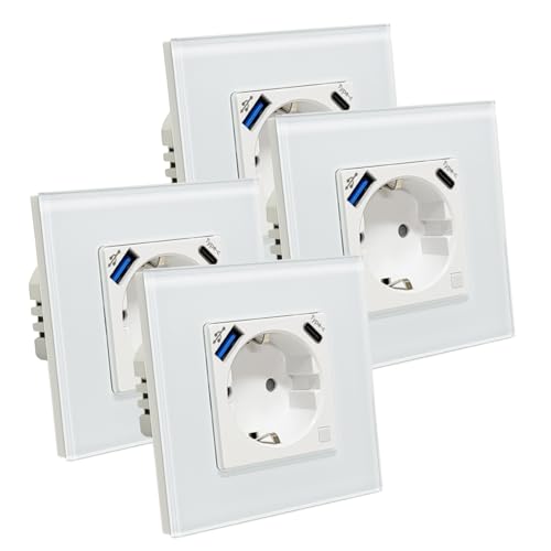 LED ATOMANT Pack 4x Enchufe de Pared Inteligente Cristal Wifi 16A con USB y USB C, Carga Rapida, Medidor de Consumo, Base Schuko para Empotrar, APP Smart Life, Compatible con Alexa y Google Home