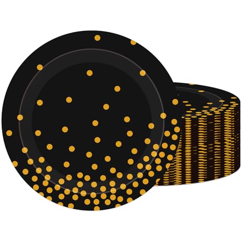 Black and Gold Plates,60Pcs 7Inch Black Disposable Plates,Party Disposable Tableware Kit,Gold Foil Polka Dots Dessert Plate,for Graduation, Birthday,Wedding,Holiday,Cocktail Party Supplies,Serves 60