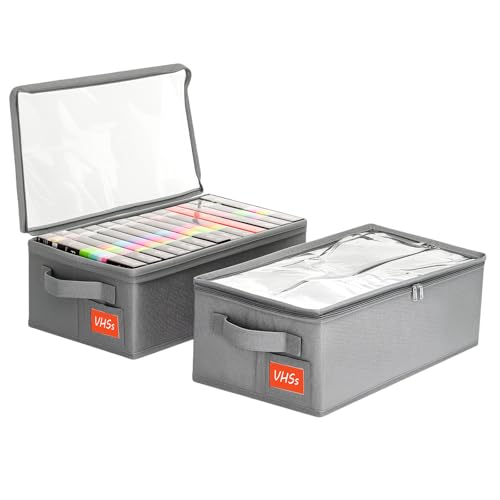 yoyobubu VHS Storage Box – 2 Pack Cassette Tape Storage Organizer with Clear PVC Lid – Stackable Storage Box Holds 14 Clamshell VHS Tapes – Gray Media Case