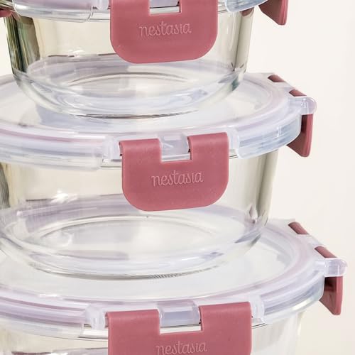 Image of Nestasia Nestro Airtight Glass Containers with Lid Set of 4 (215ml, 400ml, 600ml, 950ml) | Spill Proof Round Glass Containers with Break Free Lock - Microwave, Dishwasher & Freezer Safe (Mauve)