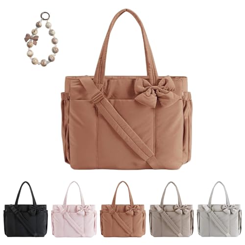 Crush Bow Tote Bag, 26L Puffy Quilted Shoulder Tote for Women, Fits 15.6