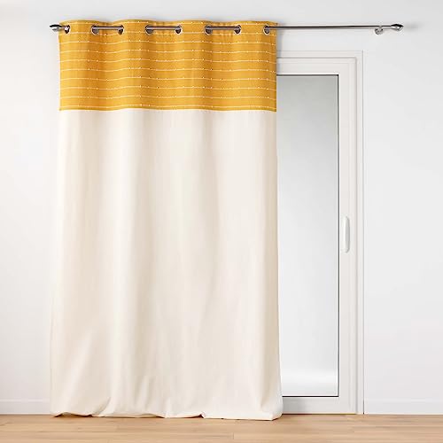 Douceur d'Intérieur, Rideau à Oeillets (140 x 240 cm) Linechic Jaune, Coton Recyclé et Top Fil Coupé
