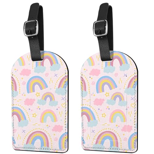 Deokke 2 Pack Luggage Tag Suitcase Tags PU Leather Identifiers Privacy Cover Luggage Tags Aesthetic Cute Travel Bag Labels for Women Girls Men-Rainbow
