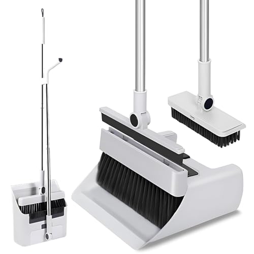 Gluckluz Broom and Dustpan Set 4 in 1 Sweeping Broom Brush Dustpan Upright Floor Cleaning Brush with Built-in Squeegee & 180° Swivel Handle for Indoor Outdoor Kitchen Bathroom (White)