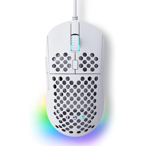 TMKB Falcon M1SE Ultralight Honeycomb Gaming Mouse, High-Precision 12800DPI Optical Sensor, 6 Programmable Buttons, Customizable RGB, Drag-Free Paracord, Ergonomic, Wired – Matte White