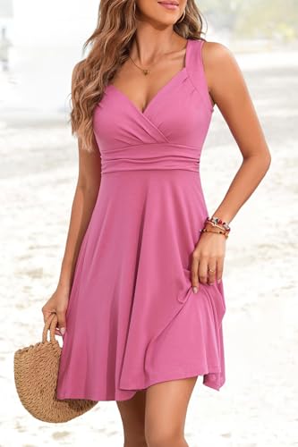 Image of Womens Wrap V Neck Sleeveless Sundress Summer Flare Tank Dress
