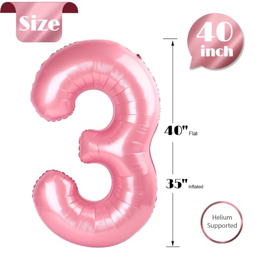 Image of Pearlescent Pink 3 Balloon, Number Balloons 40 Inch, 3rd Birthday Decorations Women Party Supplies for Party Decorations, Number 3 Balloon