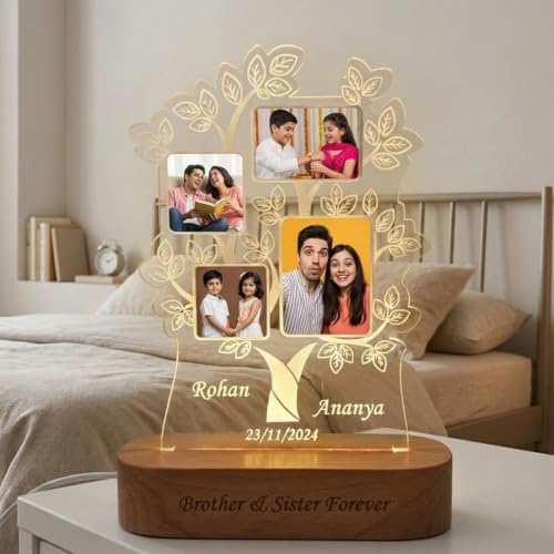 Image of Personalized 3D Illusion Family Tree Photo Night Lamp Gift for Couple Birthday, Brother Sister Anniversary, Wedding, Engagement (28cmx18cm)- Multicolor
