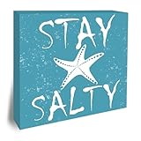 Stay Salty Wooden Block Plaque - Starfish & Summer Blue Tabletop Sign Decor For Friends Family Coworker - 5'x5' Office Room Home Wood Block - Funny Beach Desk Gifts Favors & Supplies - A04