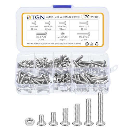 DTGN 170Pcs M4-0.7×6/8/12/16/20/25mm Button Head Socket Cap Screws – 304 Stainless Steel Bolt Nut Set Washer Assortment Kit – Good for Road Bicycle, Mountain Bike, Auto