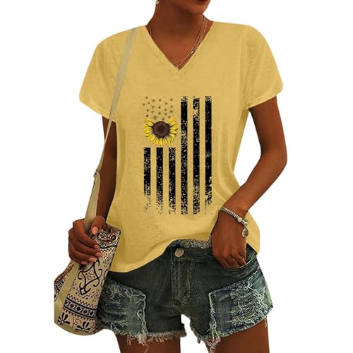 Camisetas de manga corta para mujer, cuello en V, estampado de girasoles, camisetas de verano, ligeras, cómodas, de gran tamaño, estilo novio, amarillo (2#Yellow), XL