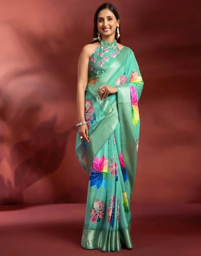 Image of SIRIL Women's Dola Silk Printed Jacquard Border Ready To Wear Saree with Unstitched Blouse Piece