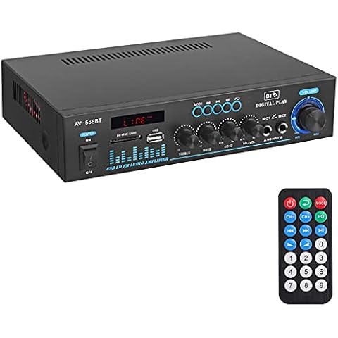 LiNKFOR Audio Power Stereo Amplifier AV-568BT Bluetooth Amplifier 2.0 Channel 50W X 2 with 2 RCA Inputs FM Radio MP3 USB SD Readers Amp Receiver with LED Display Remote for Karaoke Home Theater Cover