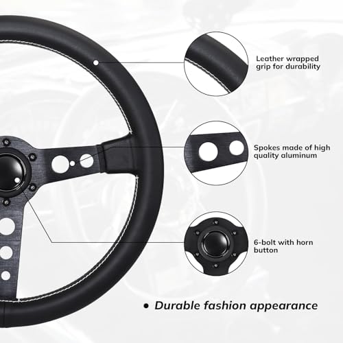image for QYMOPAY 14in Racing Steering Wheel, Universal Leather Steering Wheel, 