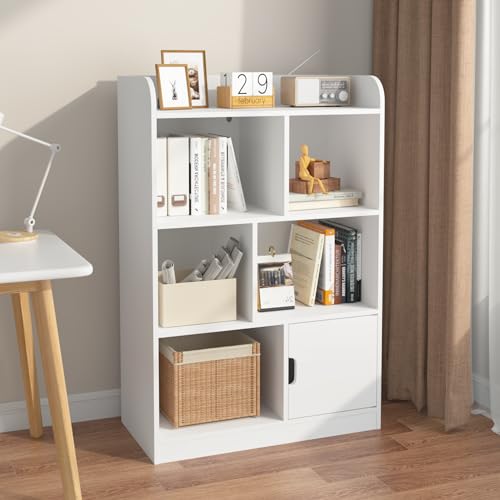 KT Rolster 6 Cube Bookshelf Bookcase, Cube Storage Organizer, Wood Display Bookshelf, 5 Storage Shelves, One Door, Free Standing Cube Bookcase for Living Room Office Closet School Bedroom