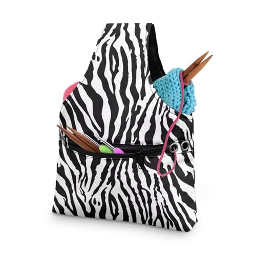 Image of KUIFORTI Knitting Yarn Bag Zebra Print Yarn Bags for Crocheting on The Go Black Crochet Storage Bag for Women Girls at Home Travel Yarn Tote for Crochet Accessories, Knitting Needles, Small Size
