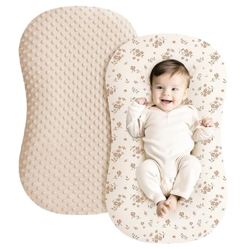 Image of Konssy Minky Baby Lounger Cover 2 Pack, Soft and Breathable Newborn Lounger Cover Slipcover for Girls Boys, Covers Only (Camel,Floral Blossom)