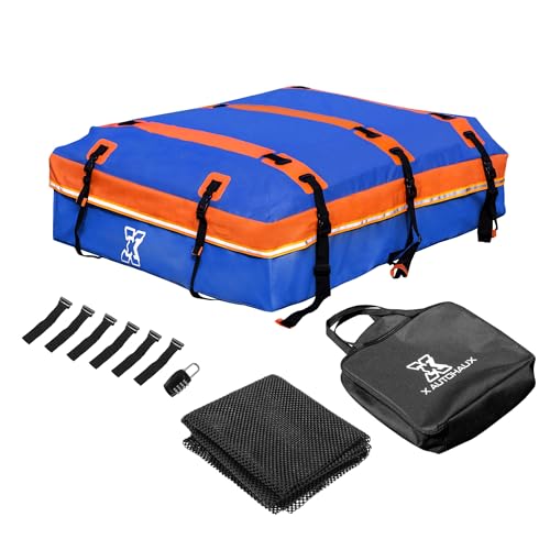 X AUTOHAUX 1000D PVC Waterproof Car Roof Bag Rooftop Cargo Carrier Bag Luggage Carriers for Cars with or without Rack Anti-Slip Mat 6 Door Hooks Set Blue - 20 Cubic Feet