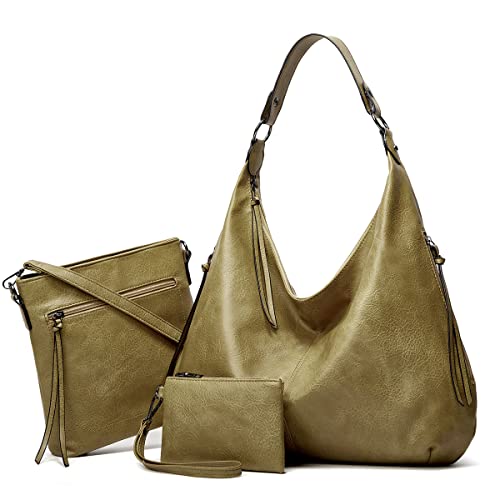Pahajim Handtasche Damen Leder Handtaschen Set mit Geldbörse Shopper Tasche Damen Groß Hobo Umhängetasche Damen für Arbeit Einkaufen(Grun)